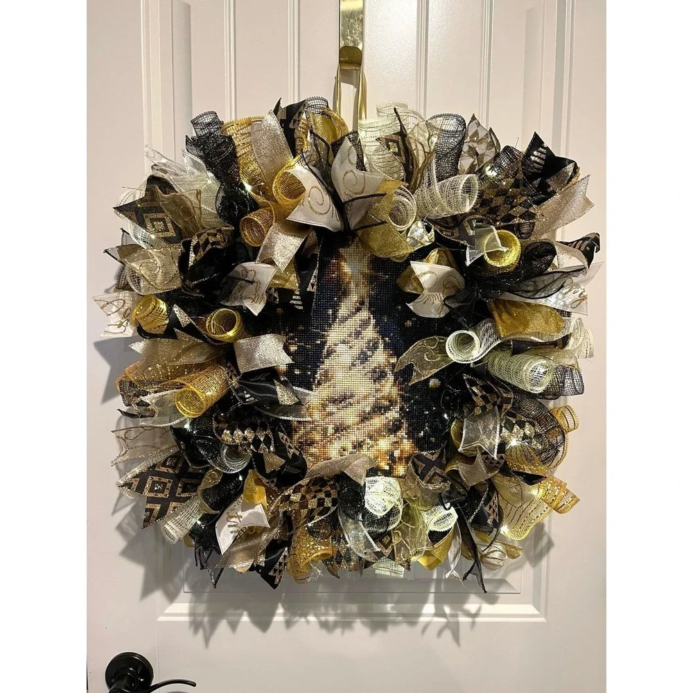 Handmade Christmas Tree Diamond Art Ribbon Door Wreath 22 ins LED W38 Gold Black